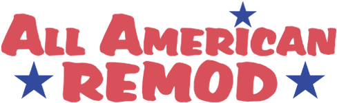 All American Remod logo — red hand-drawn wordmark with navy stars