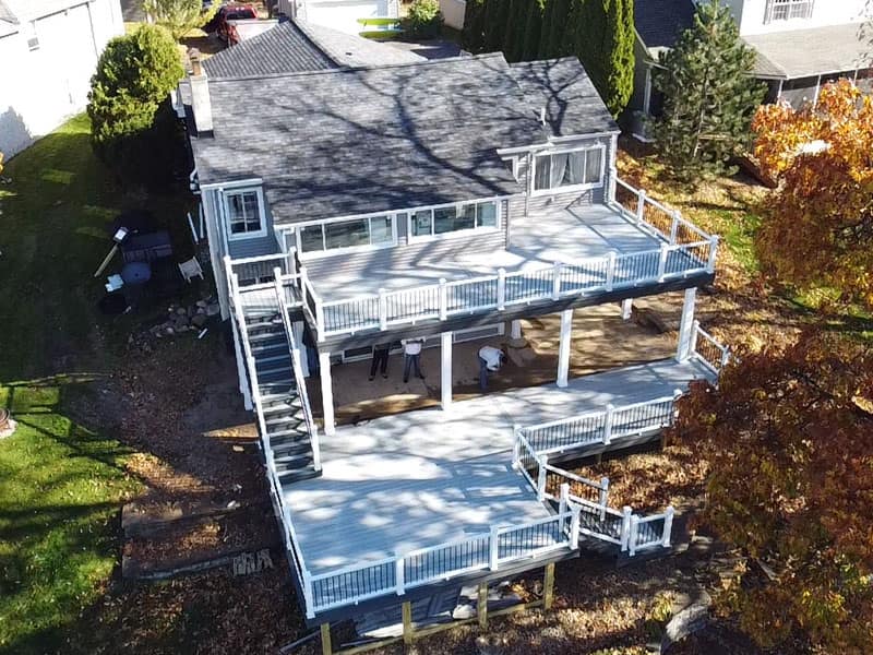 Aerial view of a completed custom deck project